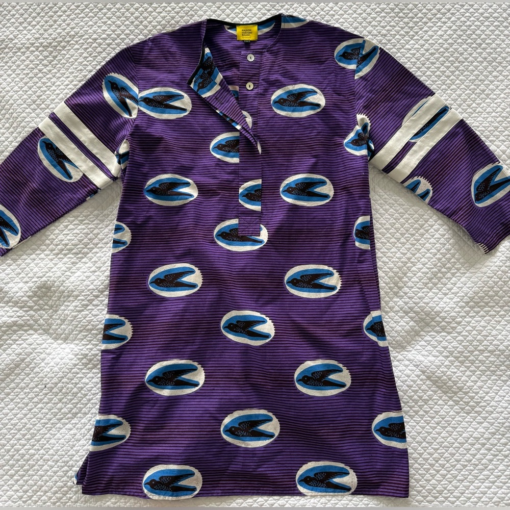 Maison Château Rouge Sebidor Shirt Dress Bird Print Purple Blue Size L